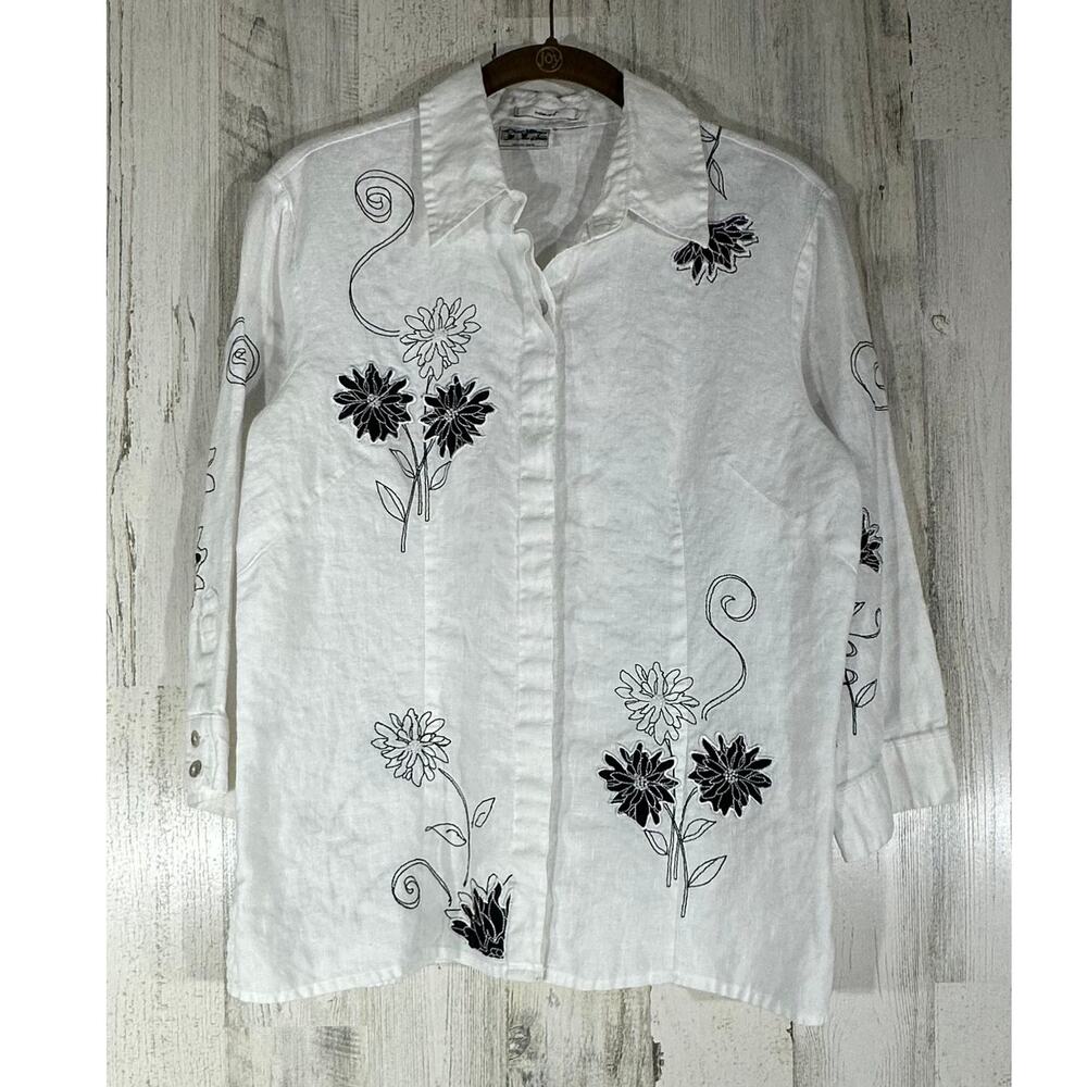 Edward‎ Irish Linen Button Up Blouse Size Medium Floral Embroidered Beaded READ
